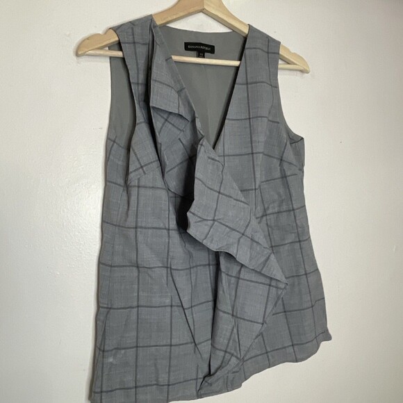 BANANA REPUBLIC Women's Sz XS Sleeveless Ruffled Front Top Gray Windowpane Wool - Picture 2 of 7